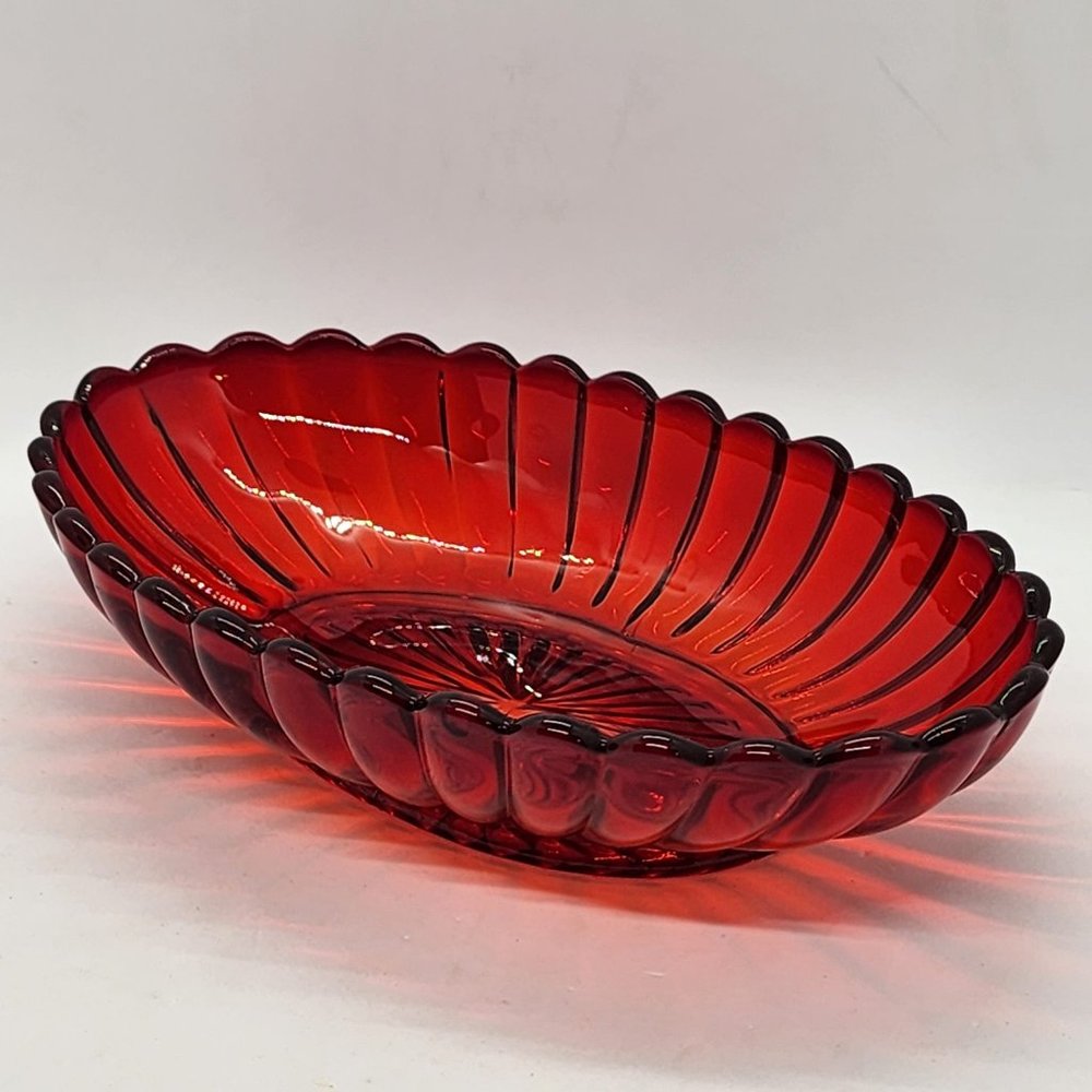 vintage imperial glass ruby red ribbed oval dish bowl on pedestal 8.5"long 5'wid